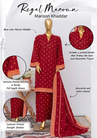 ZW038 - Women Printed Khaddar 3PC Stitched Suit (Dark Green & Maroon)