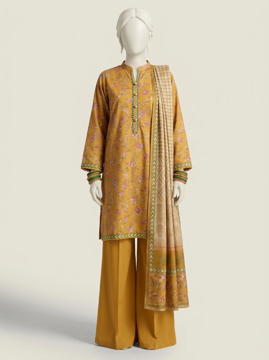 ZW038 - Women Printed 3PC Stitched Suit (Charcoal & Mustard)