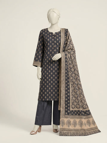 ZW038 - Women Printed 3PC Stitched Suit (Charcoal & Mustard)