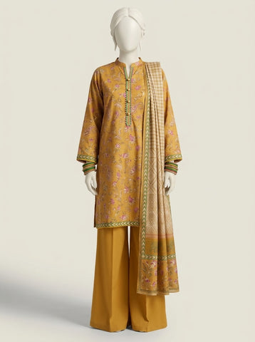 ZW038 - Women Printed 3PC Stitched Suit (Charcoal & Mustard)
