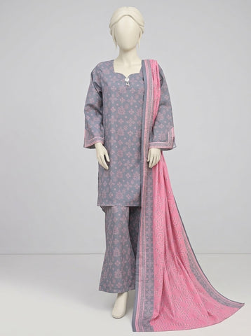 ZW038 - Women Printed 3PC Stitched Suit (Grey & Plum Purple)
