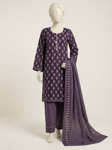 ZW038 - Women Printed 3PC Stitched Suit (Grey & Plum Purple)