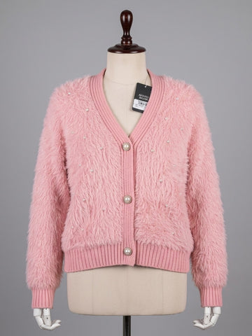 ZA207 - Women Fluffy Pearl Button Cardigan - Green & Pink