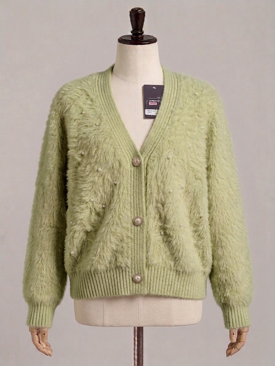 ZA207 - Women Fluffy Pearl Button Cardigan - Green & Pink