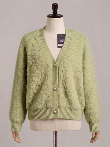ZA207 - Women Fluffy Pearl Button Cardigan - Green & Pink