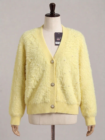 ZA207 - Women Fluffy Pearl Button Cardigan - Green & Pink