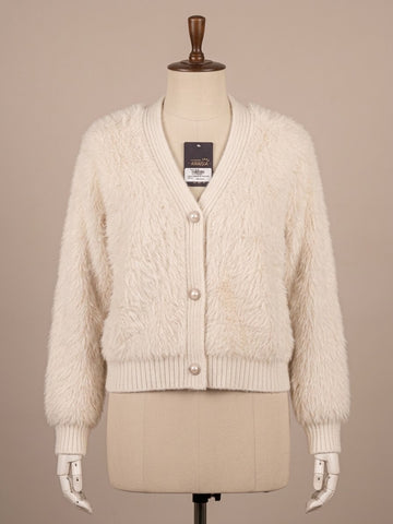 ZA207 - Women Fluffy Pearl Button Cardigan - Green & Pink