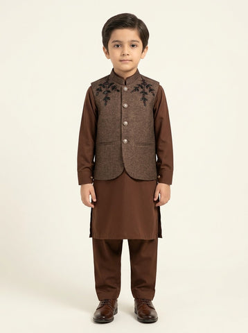 Boys Embroidered Waistcoat Kurta Shalwar 3-Piece Suit - 4 to 15 Years