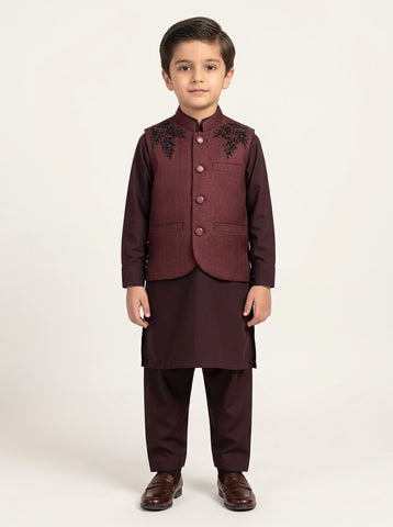Boys Embroidered Waistcoat Kurta Shalwar 3-Piece Suit - 4 to 15 Years