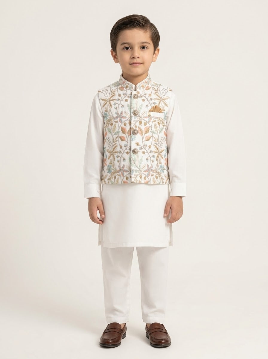 Boys Off-White Embroidered Waistcoat Kurta Shalwar 3-Piece Suit - 9 to 12 Years