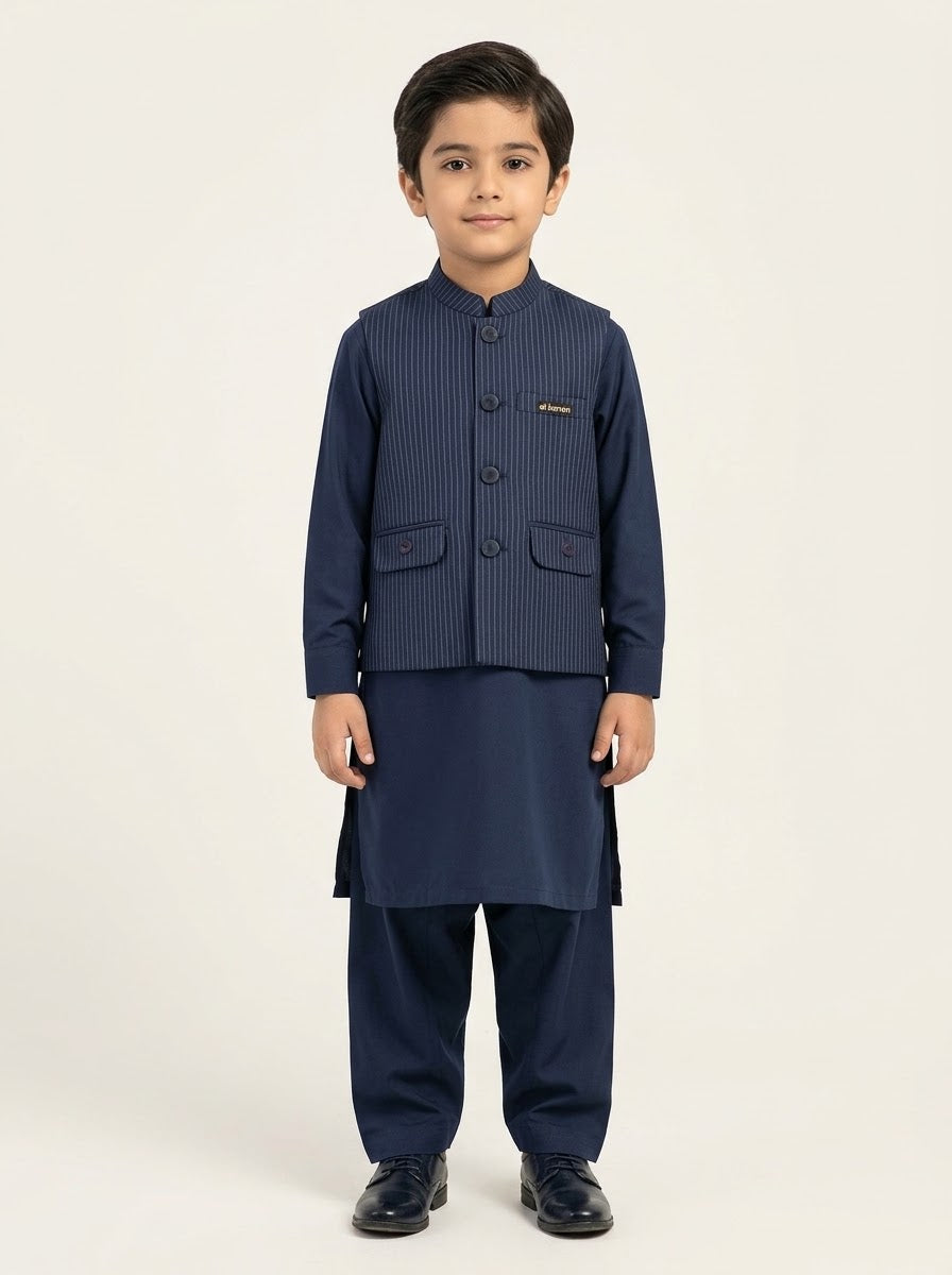 Boys Navy Blue Pinstripe Waistcoat Kurta Shalwar 3-Piece Suit - 1 to 12 Years