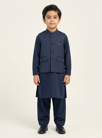 Boys Navy Blue Pinstripe Waistcoat Kurta Shalwar 3-Piece Suit - 1 to 12 Years