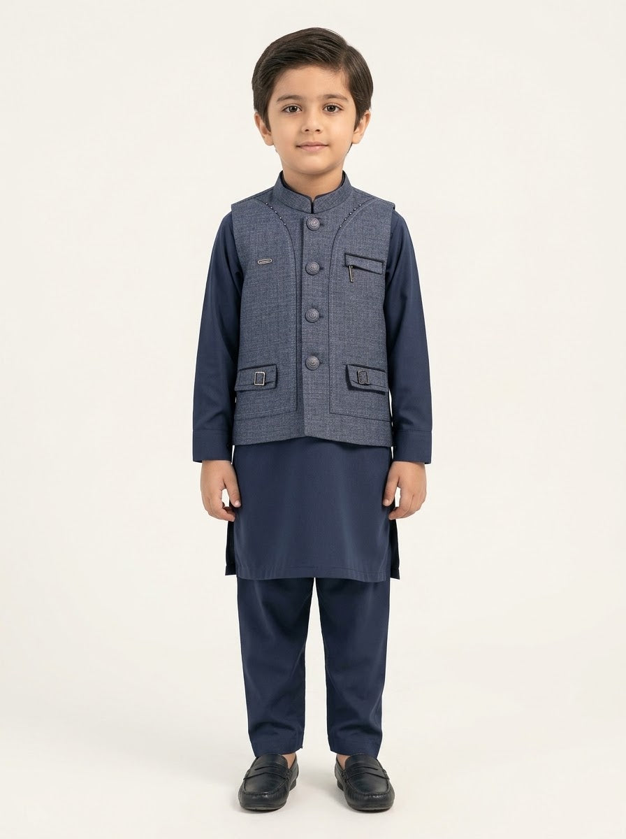 Boys Blue Waistcoat Navy Kurta Shalwar 3-Piece Suit - 1 to 15 Years