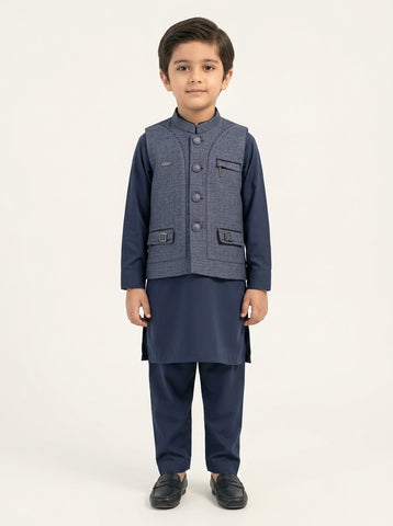 Boys Blue Waistcoat Navy Kurta Shalwar 3-Piece Suit - 1 to 15 Years