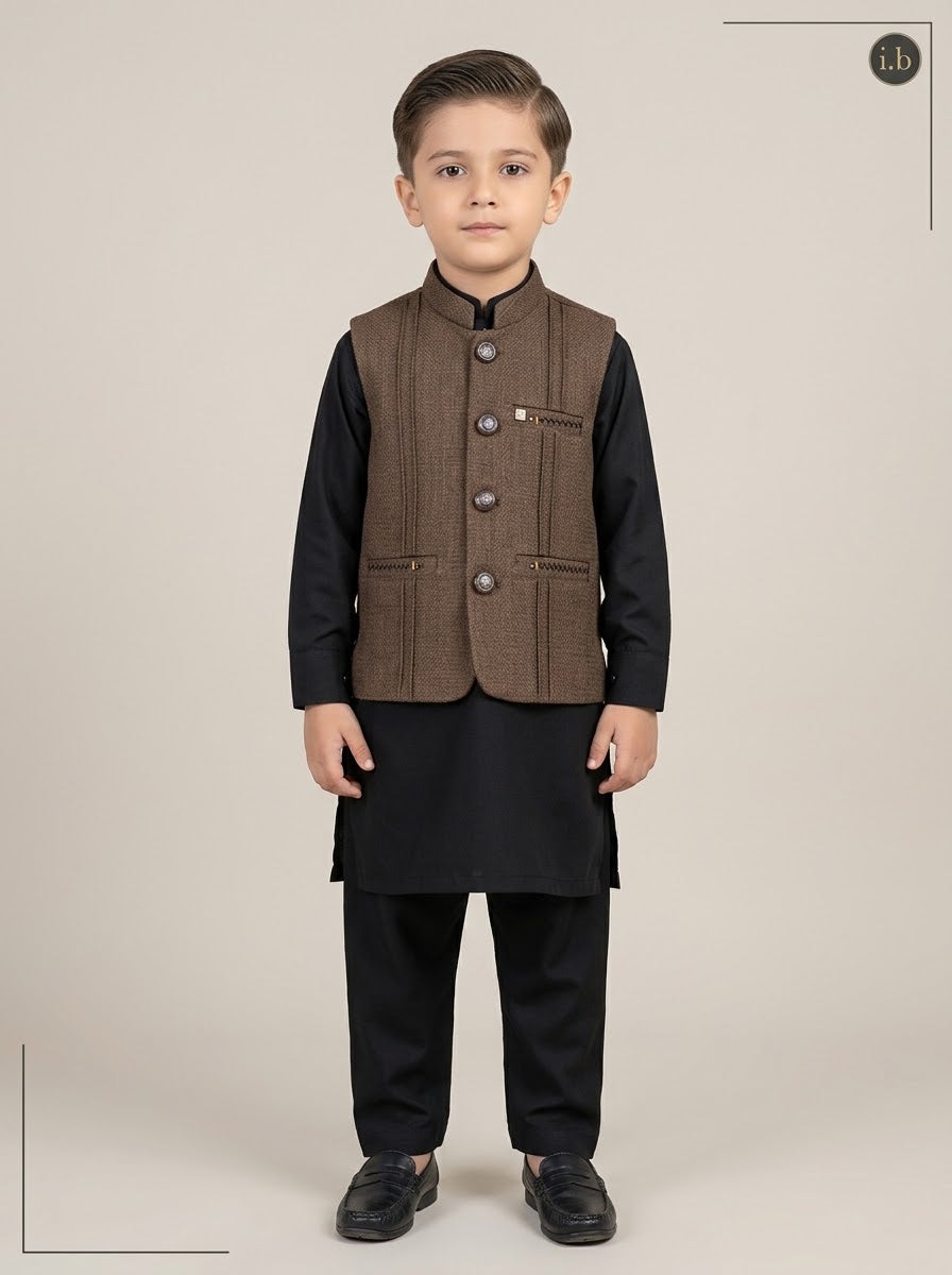 Boys Brown Waistcoat Black Kurta Shalwar 3-Piece Suit - 1 to 15 Years