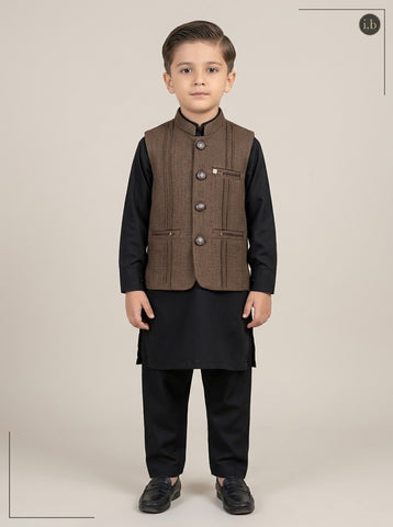 Boys Brown Waistcoat Black Kurta Shalwar 3-Piece Suit - 1 to 15 Years