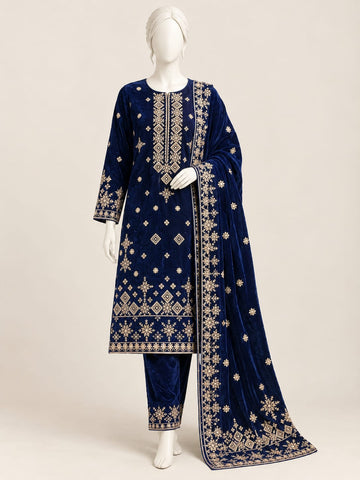 ZW040 - Women Velvet Embroidered 3PC Suit - Luxury Collection