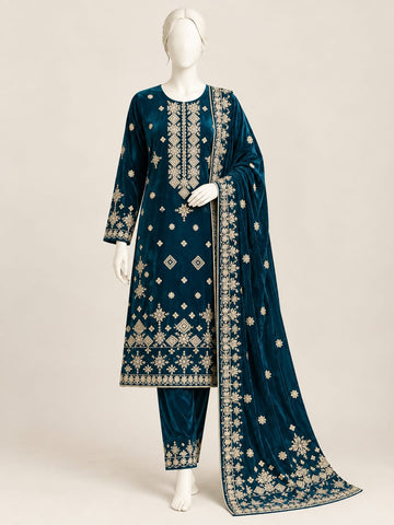 ZW040 - Women Velvet Embroidered 3PC Suit - Luxury Collection