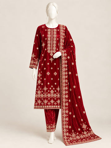 ZW040 - Women Velvet Embroidered 3PC Suit - Luxury Collection