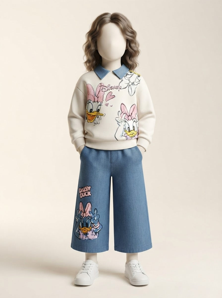 Girls Cartoon Duck Print Collar Sweatshirt & Wide-Leg Jeans Set - 4 to 12 Years
