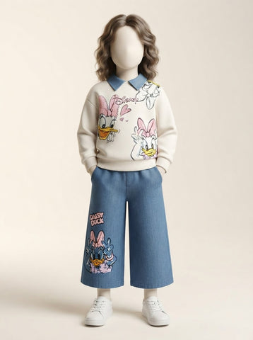 Girls Cartoon Duck Print Collar Sweatshirt & Wide-Leg Jeans Set - 4 to 12 Years