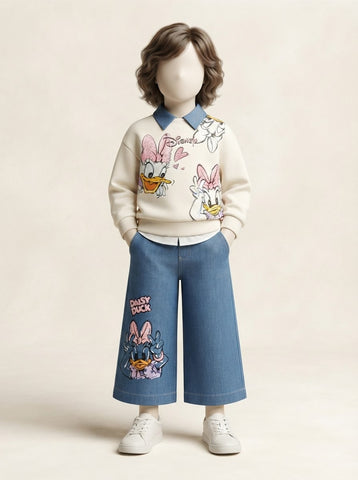 Girls Cartoon Duck Print Collar Sweatshirt & Wide-Leg Jeans Set - 4 to 12 Years