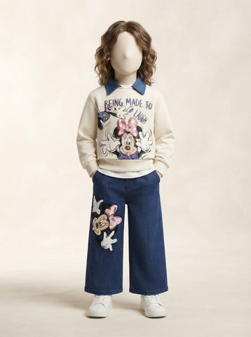 Girls Cartoon Collar Sweatshirt & Wide-Leg Jeans Set - 3 to 12 Years