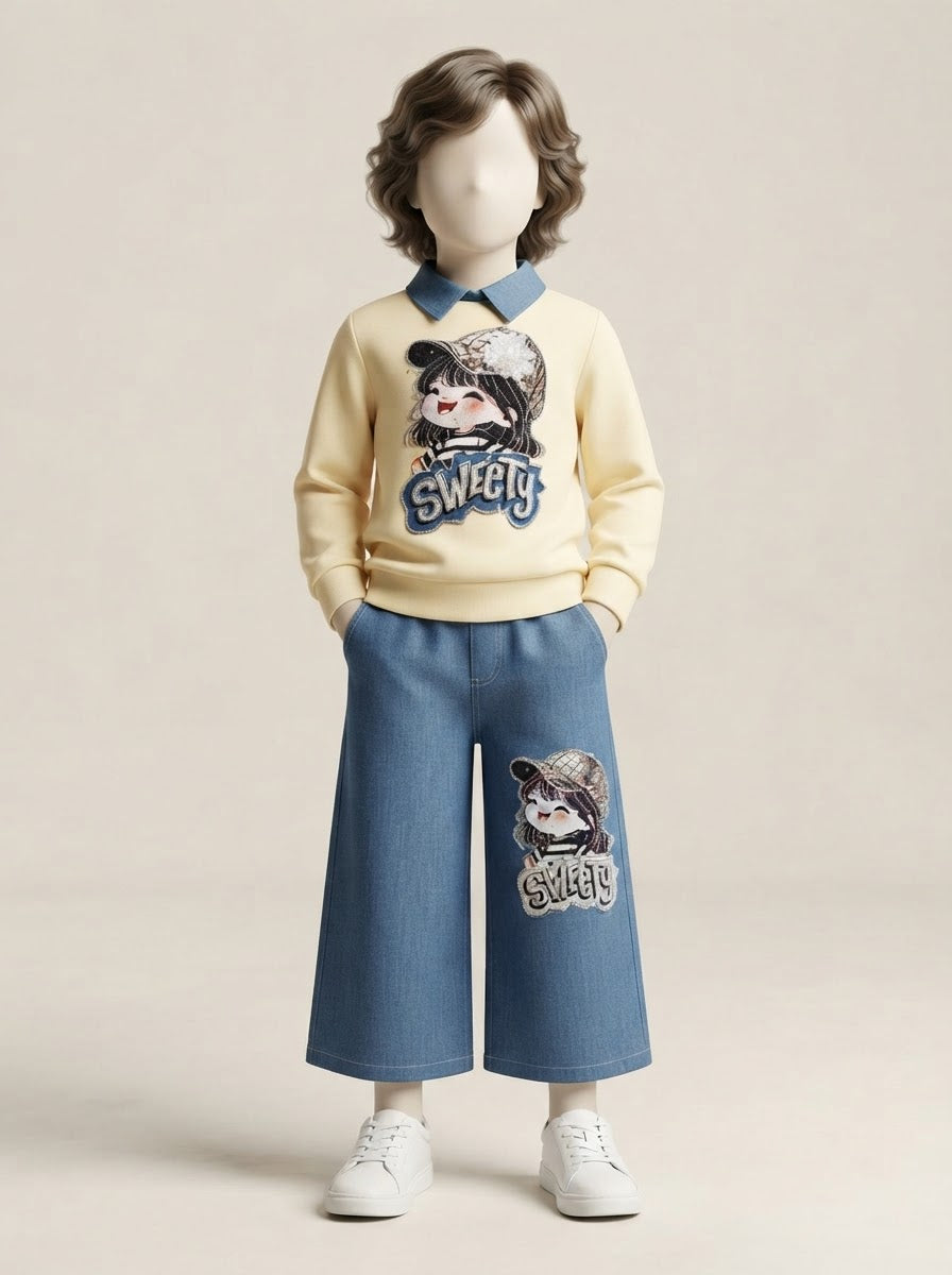 Girls Sweety Patch Collar Sweatshirt & Wide-Leg Jeans Set - 4 to 12 Years