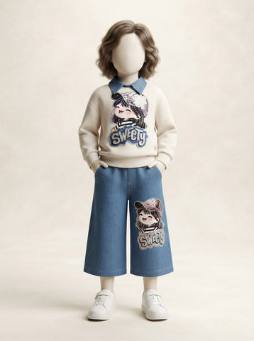 Girls Sweety Patch Collar Sweatshirt & Wide-Leg Jeans Set - 4 to 12 Years