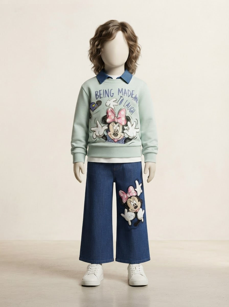 Girls Cartoon Collar Sweatshirt & Wide-Leg Jeans Set - 3 to 12 Years