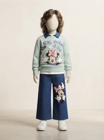 Girls Cartoon Collar Sweatshirt & Wide-Leg Jeans Set - 3 to 12 Years