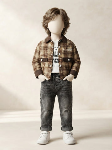 Boys Plaid Shirt Jacket 3-Piece Set with Jeans - 1 to 4 Years
