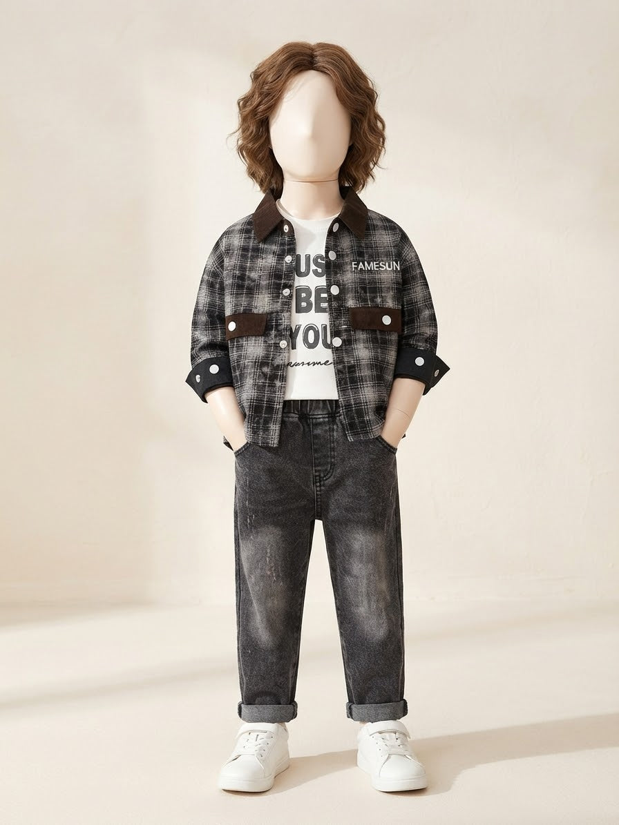 Boys Plaid Shirt Jacket 3-Piece Set with Jeans - 1 to 4 Years
