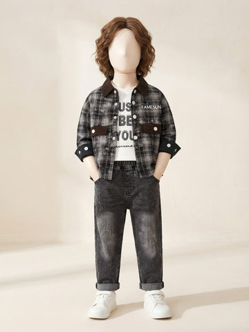 Boys Plaid Shirt Jacket 3-Piece Set with Jeans - 1 to 4 Years