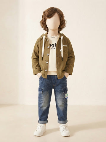 Boys Hooded Shirt Jacket 3-Piece Set with Cargo Jeans - 1 to 4 Years