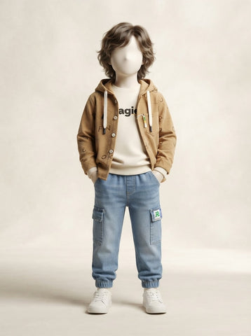 Boys Hooded Shirt Jacket 3-Piece Set with Cargo Jeans - 1 to 4 Years