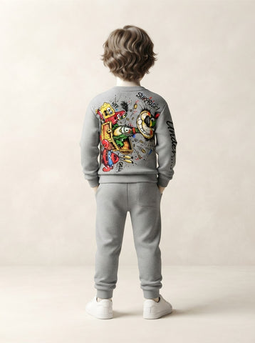 Boys Cartoon Back Print Fleece Sweatshirt Tracksuit 2-Piece Set - 2 to 7 Years