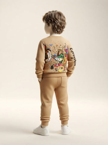 Boys Cartoon Back Print Fleece Sweatshirt Tracksuit 2-Piece Set - 2 to 7 Years