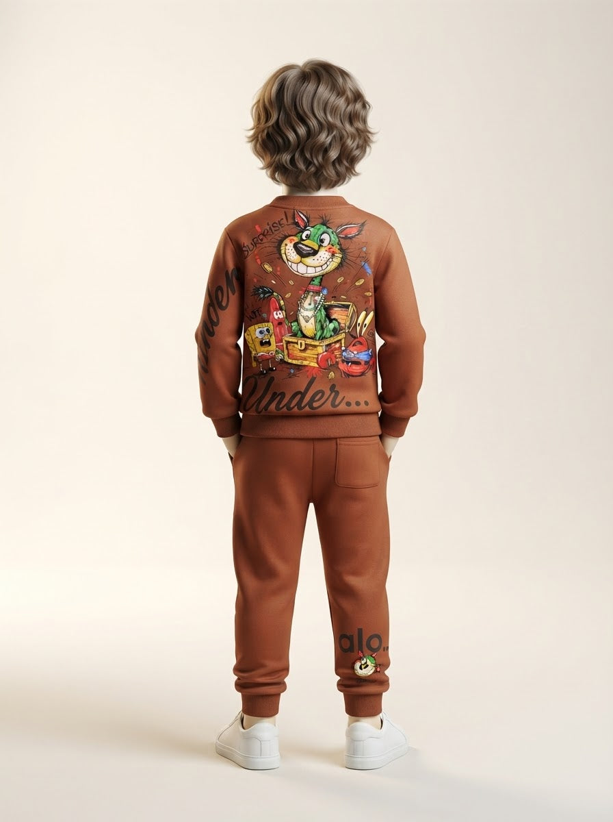 Boys Cartoon Back Print Fleece Sweatshirt Tracksuit 2-Piece Set - 2 to 7 Years
