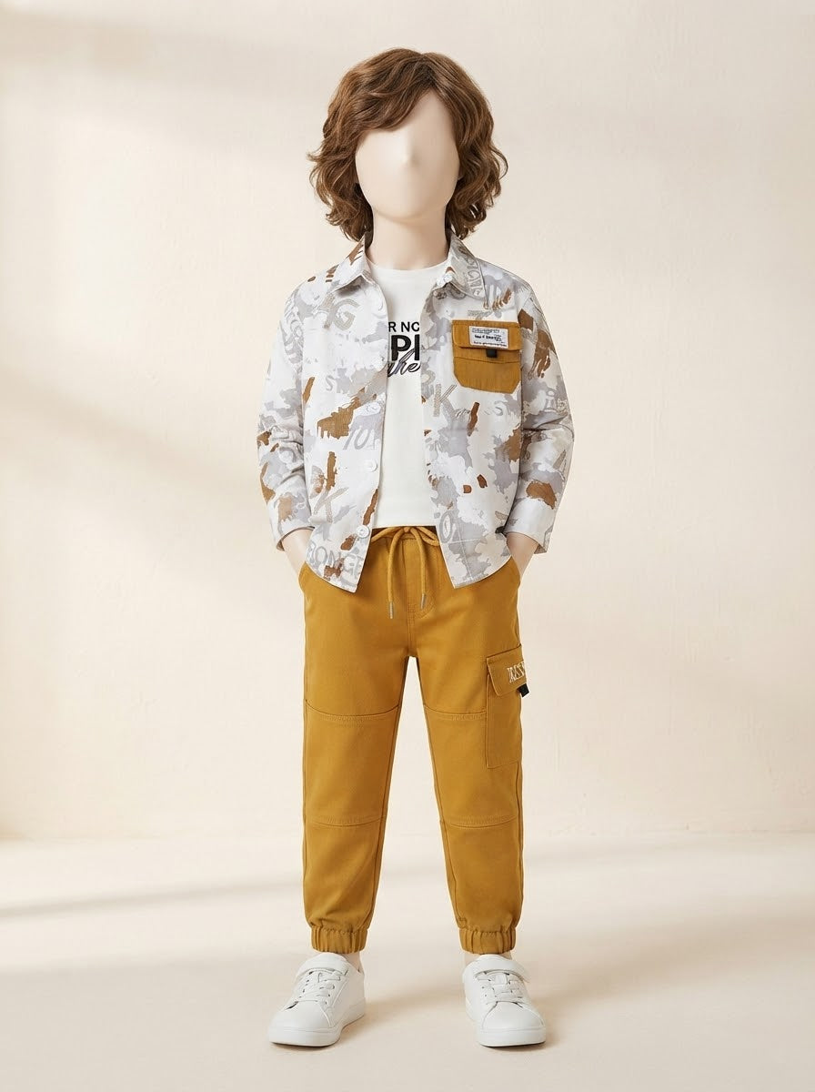 Boys Printed Shirt 3-Piece Set with Cargo Pant - 1 to 4 Years
