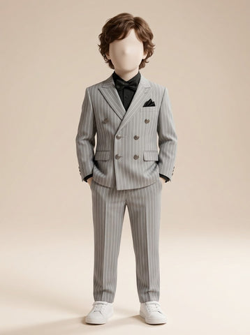 MW011 - Boys Pinstripe Double-Breasted Coat Pant Suit - 9 to 12 Years