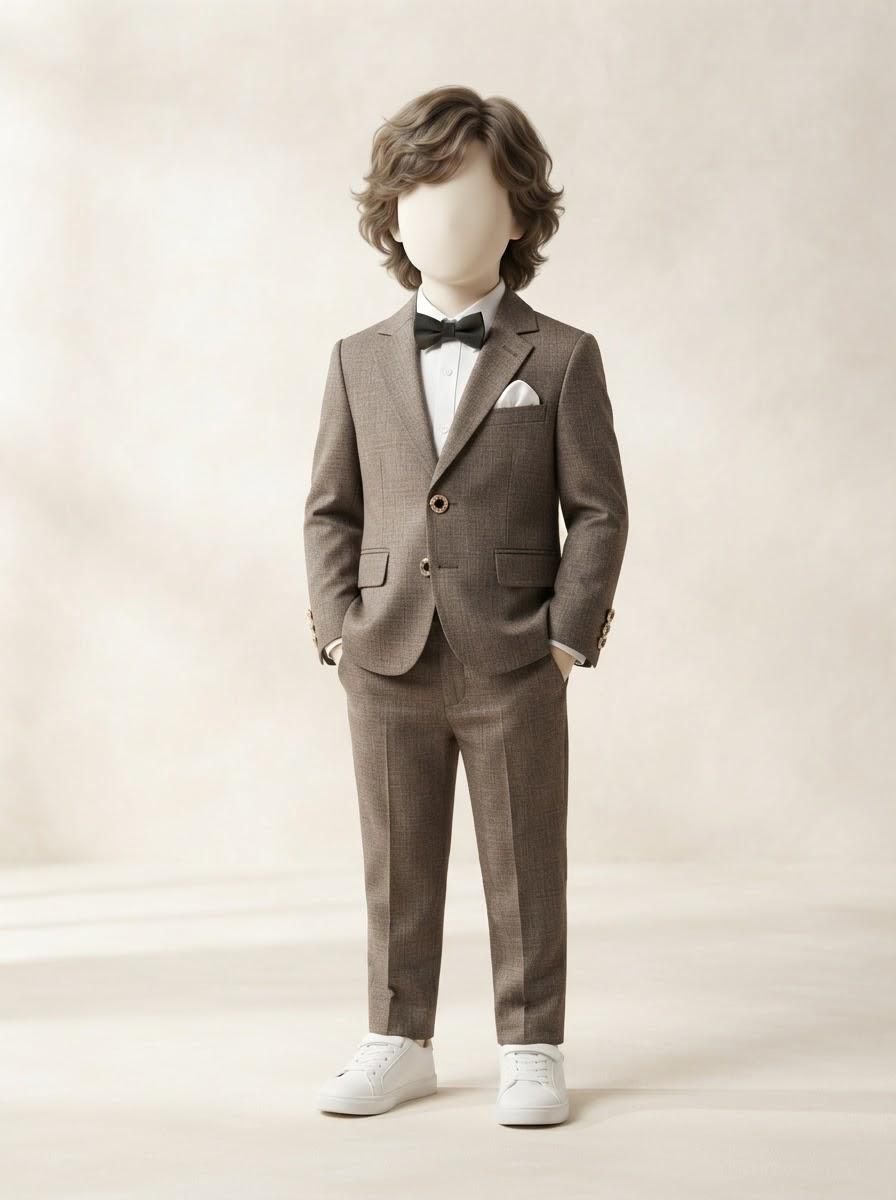 MA069 - Boys Brown Textured Coat Pant Suit with Bow Tie - 2 to 4 & 8 to 10 Years
