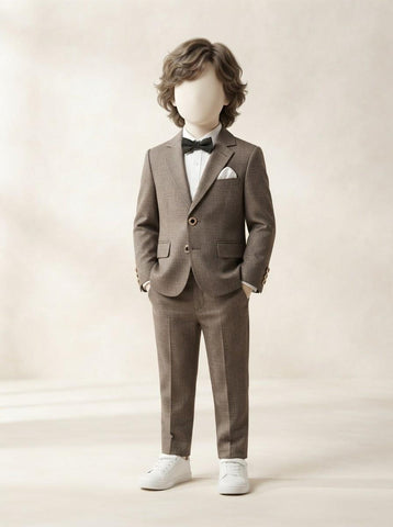 MA069 - Boys Brown Textured Coat Pant Suit with Bow Tie - 2 to 4 & 8 to 10 Years