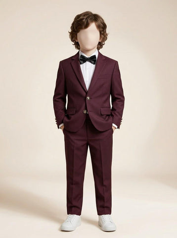 BA060 - Boys Maroon Shawl Collar Tuxedo Suit with Brooch - 1 to 12 Years (Maroon)