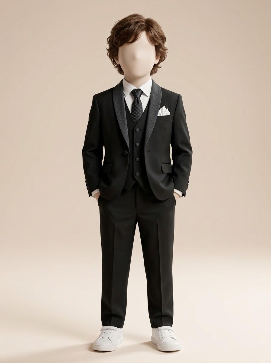 BA177 - Boys Black Shawl Collar 3-Piece Suit with Waistcoat & Tie - 1 to 12 Years (Black)
