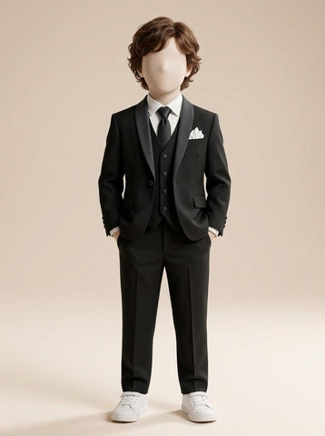 BA177 - Boys Black Shawl Collar 3-Piece Suit with Waistcoat & Tie - 1 to 12 Years (Black)