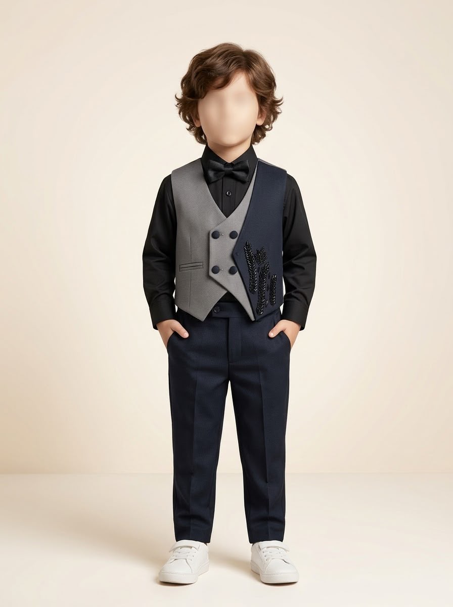 MW063 - Boys Grey & Navy Two-Tone Embellished Waistcoat Pant Set with Shirt & Bow Tie - 1 to 10 Years (Grey & Navy)