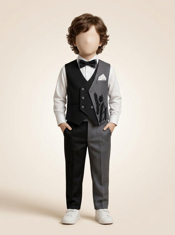 MW063 - Boys Black & Grey Two-Tone Embellished Waistcoat Pant Set with Shirt & Bow Tie - 1 to 6 Years (Black & Grey)