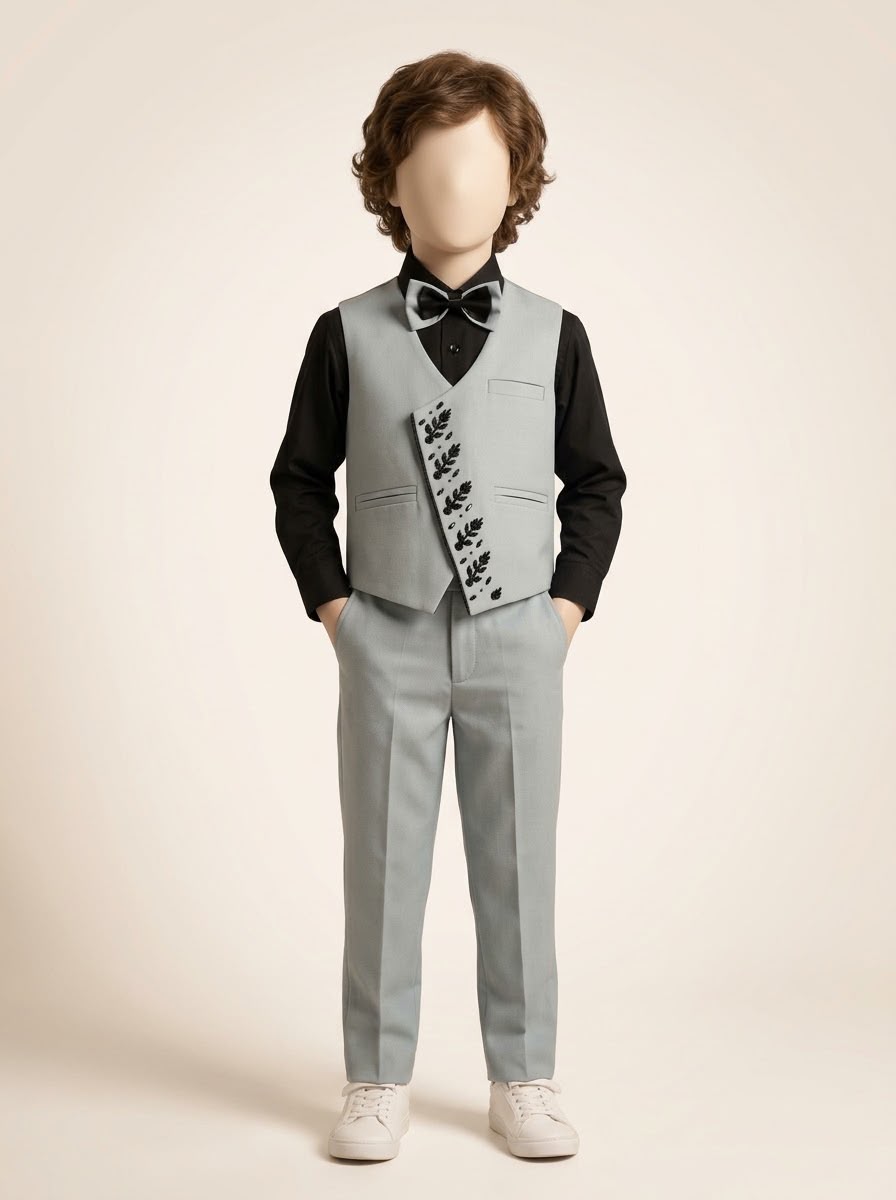 MA553 - Boys Grey Embellished Waistcoat Pant Set with Shirt & Bow Tie - 3 to 10 Years