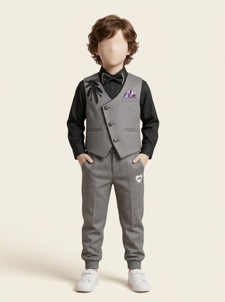 MW063 - Boys Grey Embellished Waistcoat Pant Set with Shirt & Bow Tie - 1 to 8 Years (Grey)